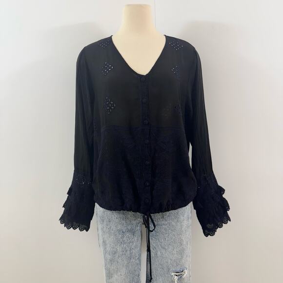 Johnny Was Long Sleeve Embroidered Blouse Top Black Semi Sheer Button-Down M - Picture 3 of 12